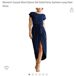 Navy Maxi Dress Tie Waist Knee Slit Short Sleeve